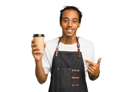 Young African American waiter man holding a takeaway coffee isolated person pointing by hand to a shirt copy space, proud and confident