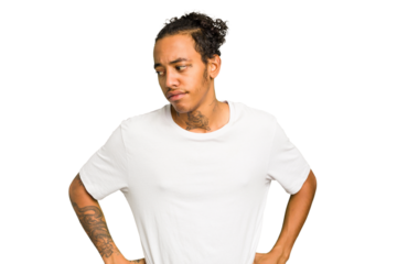 Young African American man isolated confused, feels doubtful and unsure.
