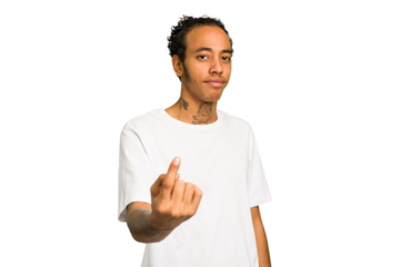 Young African American man isolated pointing with finger at you as if inviting come closer.