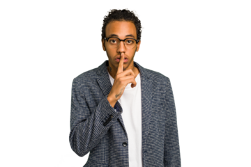 Young African American man isolated keeping a secret or asking for silence.