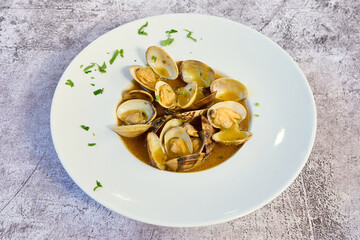 Clam stew plate on white marble table