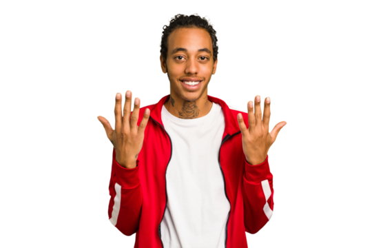 Young African American man isolated showing number ten with hands. - Powered by Adobe