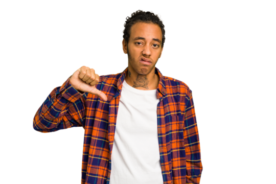 Young African American man isolated showing thumb down, disappointment concept.