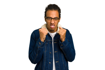 Young African American man isolated upset screaming with tense hands.