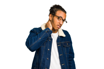 Young African American man isolated suffering neck pain due to sedentary lifestyle.