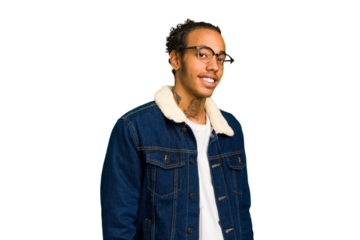 Young African American man isolated confident keeping hands on hips.