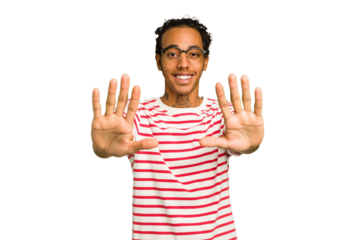 Young African American man isolated showing number ten with hands.