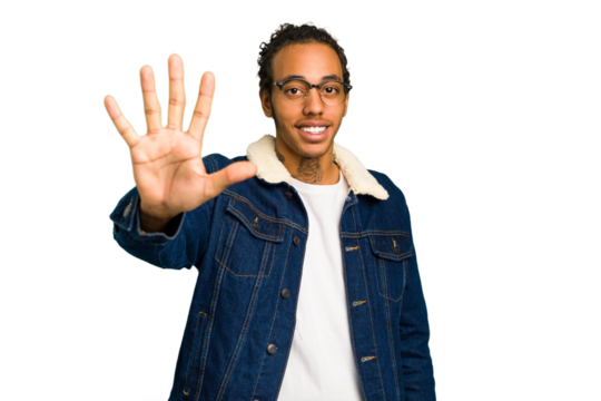 Young African American man isolated smiling cheerful showing number five with fingers.