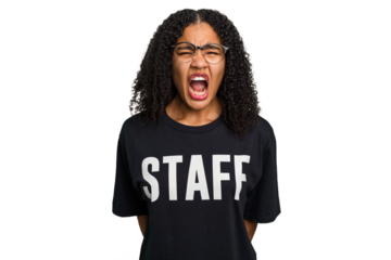 Young african american staff woman isolated screaming very angry and aggressive.
