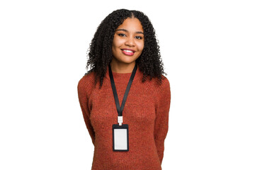 Young african american woman with ID card isolated happy, smiling and cheerful.