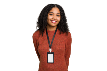 Young african american woman with ID card isolated happy, smiling and cheerful.