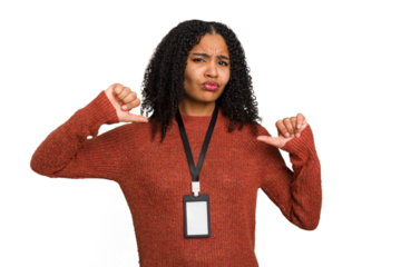 Young african american woman with ID card isolated feels proud and self confident, example to follow.