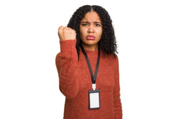 Young african american woman with ID card isolated showing fist to camera, aggressive facial expression.