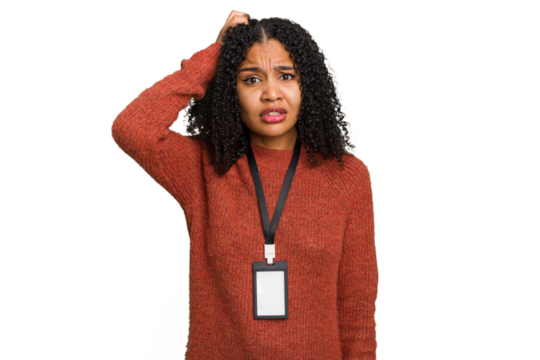 Young african american woman with ID card isolated being shocked, she has remembered important meeting.