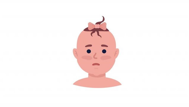 Animated scared baby emotion. Crying little girl. Flat character head with facial expression animation. Colorful cartoon style HD video footage on white with alpha channel transparency