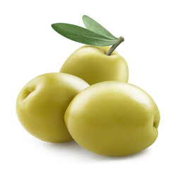 Close-up of olives with olive leaves, isolated on white background