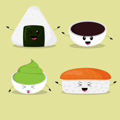 Different asian food with kawaii emotion. Cartoon style vector illustration.