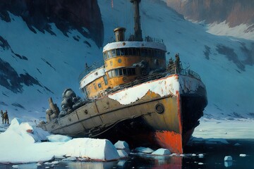 Steam ship stuck in the ice, Generative IA - obrazy, fototapety, plakaty