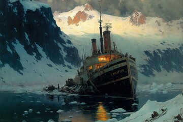 Steam ship stuck in the ice, Generative IA - obrazy, fototapety, plakaty