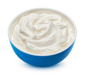 Blue bowl of sour cream isolated on white background