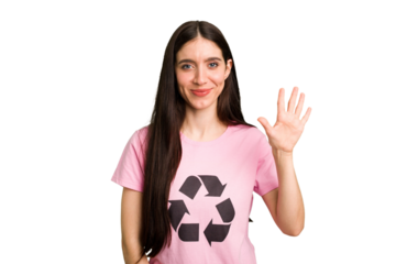 Young caucasian woman wearing a recycling t-shirt isolated smiling cheerful showing number five with fingers.