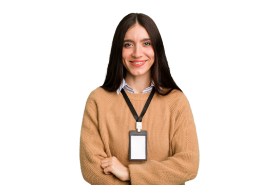 Young caucasian woman with ID card isolated laughing and having fun.