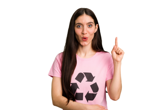 Young caucasian woman wearing a recycling t-shirt isolated having some great idea, concept of creativity.