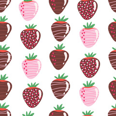Strawberries in chocolate seamless pattern. Vector Illustration for backgrounds, covers and packaging. Image can be used for greeting card, poster, sticker and textile. Isolated on white background.
