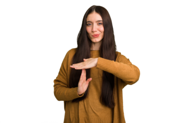 Young caucasian brunette long hair woman cutout isolated showing a timeout gesture.