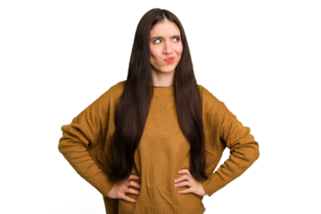 Young caucasian brunette long hair woman cutout isolated confused, feels doubtful and unsure.
