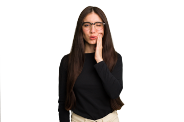 Young caucasian brunette long hair woman cutout isolated having a strong teeth pain, molar ache.