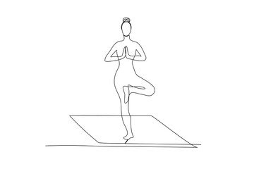 Woman Yoga Pose Tree Continuous Line Drawing. Yoga Pose Female Silhouette One Line Drawing. Meditation Vector Illustration Minimalistic Style for Modern Design: Prints, Wall Art, Posters, Social Media