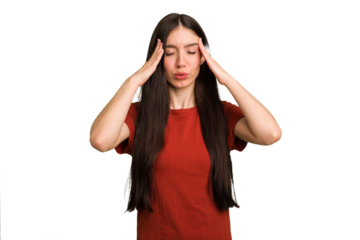Young caucasian brunette long hair woman cutout isolated touching temples and having headache.