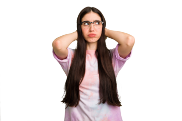 Young caucasian brunette long hair woman cutout isolated screaming with rage.