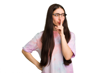 Young caucasian brunette long hair woman cutout isolated keeping a secret or asking for silence.
