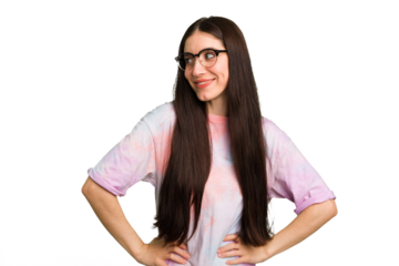 Young caucasian brunette long hair woman cutout isolated confident keeping hands on hips.