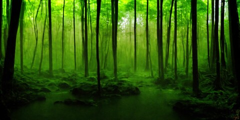 Obraz premium Forest immersed in fog, trees like ghosts, generative AI 
