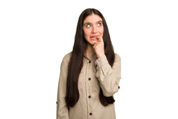 Young caucasian brunette long hair woman cutout isolated relaxed thinking about something looking at a copy space.