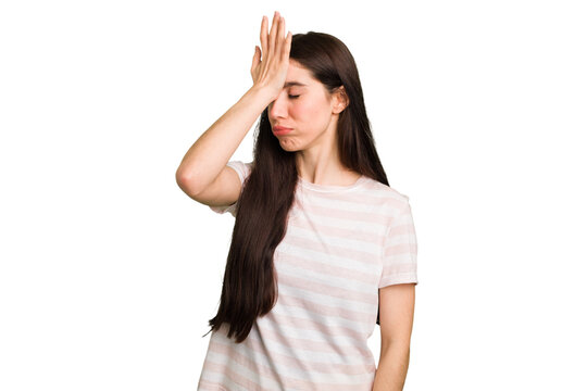 Young caucasian brunette long hair woman cutout isolated forgetting something, slapping forehead with palm and closing eyes.