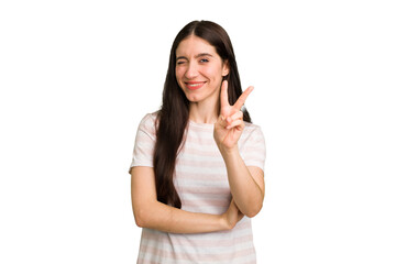 Young caucasian brunette long hair woman cutout isolated showing number two with fingers.
