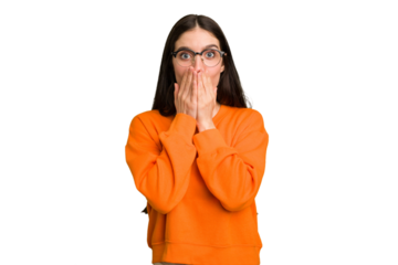 Young caucasian brunette long hair woman cutout isolated shocked, covering mouth with hands, anxious to discover something new.
