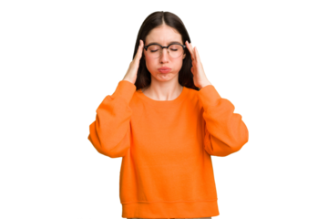 Young caucasian brunette long hair woman cutout isolated having a head ache, touching front of the face.