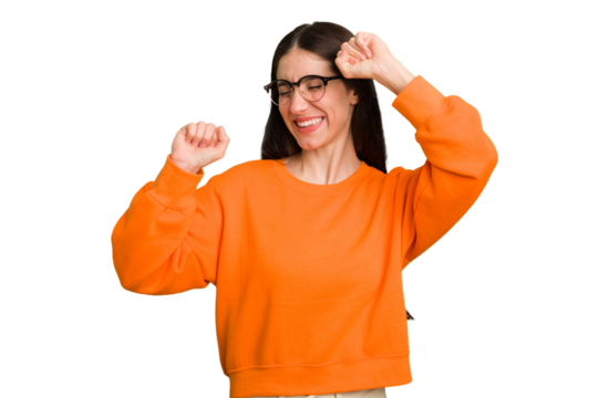 Young caucasian brunette long hair woman cutout isolated celebrating a special day, jumps and raise arms with energy.