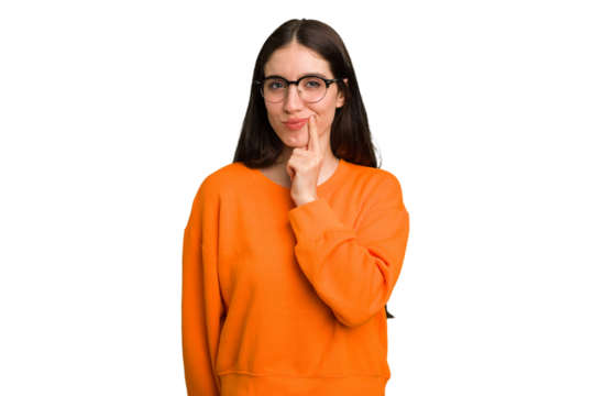 Young caucasian brunette long hair woman cutout isolated contemplating, planning a strategy, thinking about the way of a business.