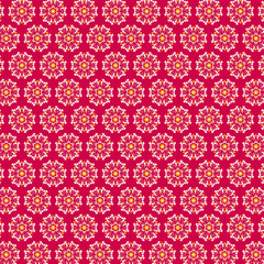 Bright abstract mosaic pattern with floral geometric motifs in red and yellow