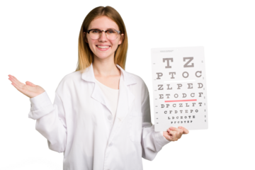 Young caucasian oculist woman holding a eye chart paper isolated showing a copy space on a palm and holding another hand on waist.