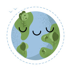 Cute planet Earth smiley face, concept of taking care and protecting the environment. Isolated textured vector illustration in flat style