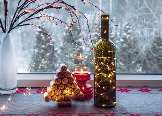 Christmas decoration set with wine bottle filled with micro led party lights and spruce tree made...