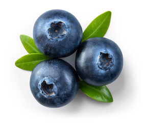 Blueberry isolated. Three blueberries top view. Blueberry with leaves flat lay on white background with clipping path.