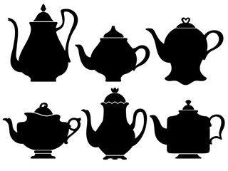 Black silhouettes of vintage teapots for tea and coffee of different shapes for the design of showcases, menus, packaging and stickers.